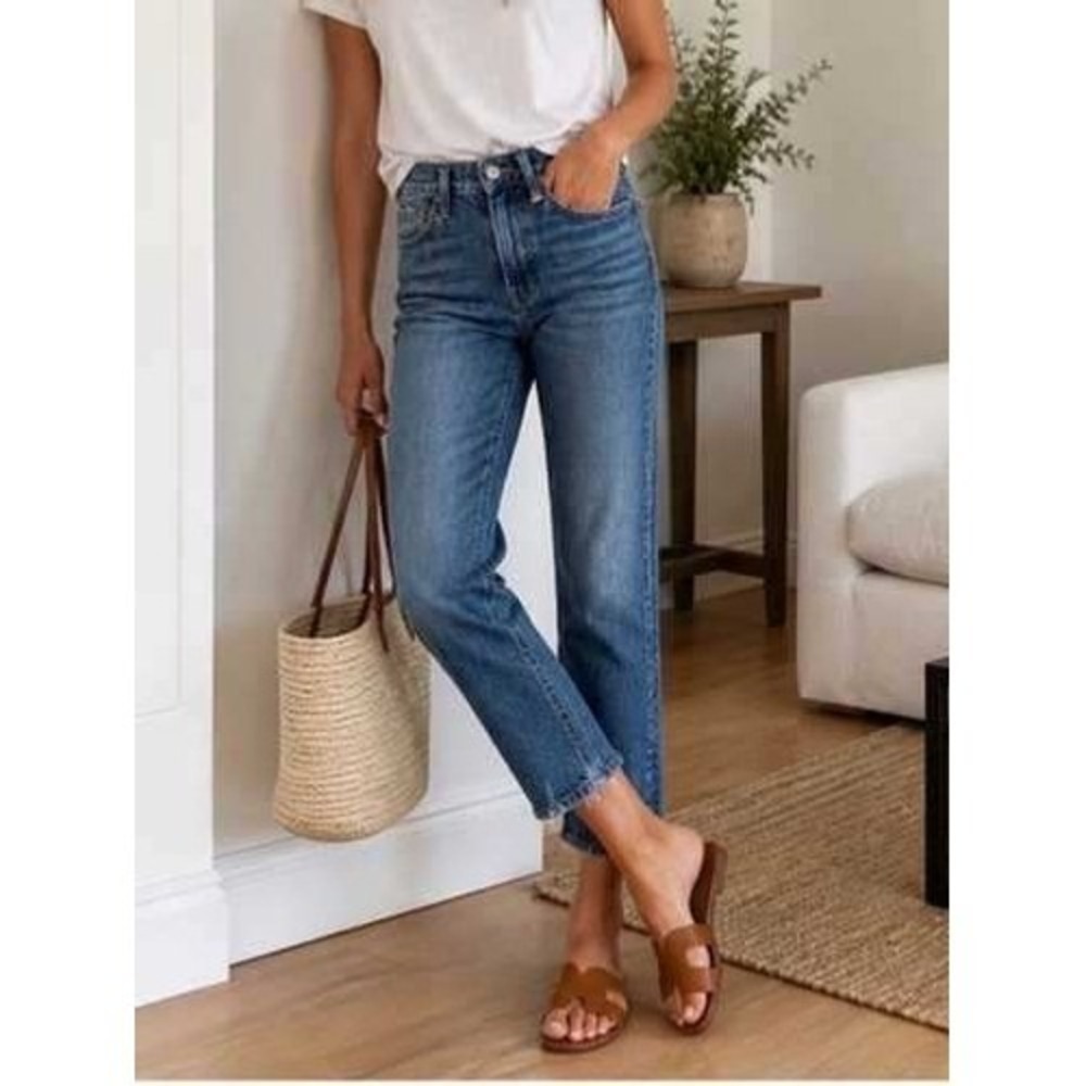 FRAME Le Piper Straight Jeans 23 Blue Sky High Rise Distressed Summer Normcore
